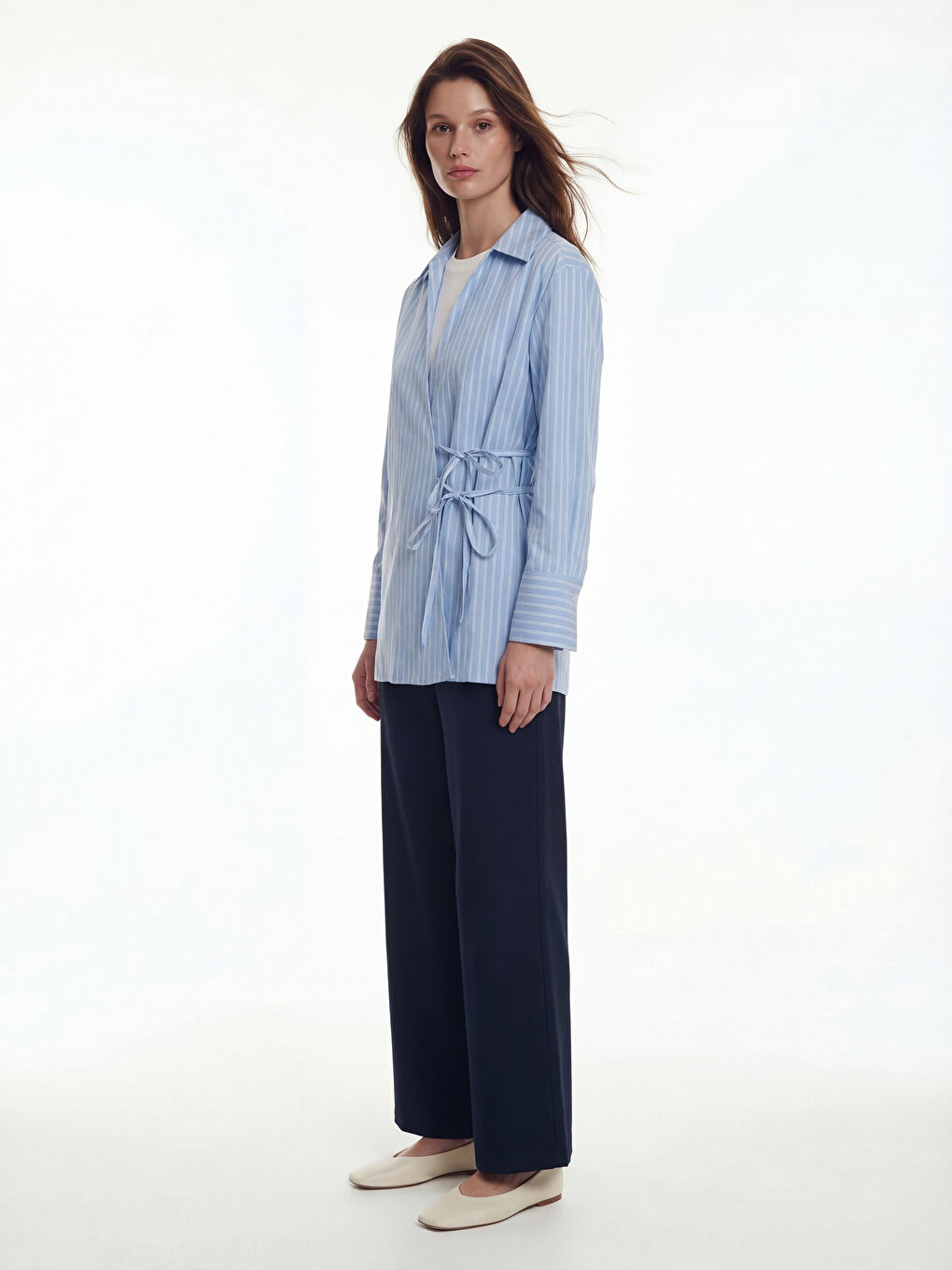 Mavi Kruvaze Yaka Çizgili Poplin Kadın Tunik