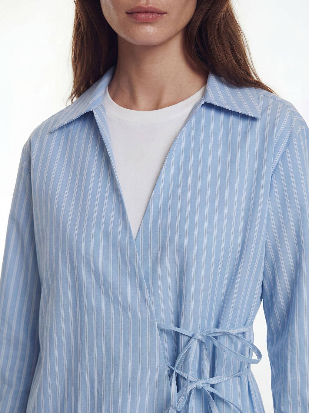 Mavi Kruvaze Yaka Çizgili Poplin Kadın Tunik-1