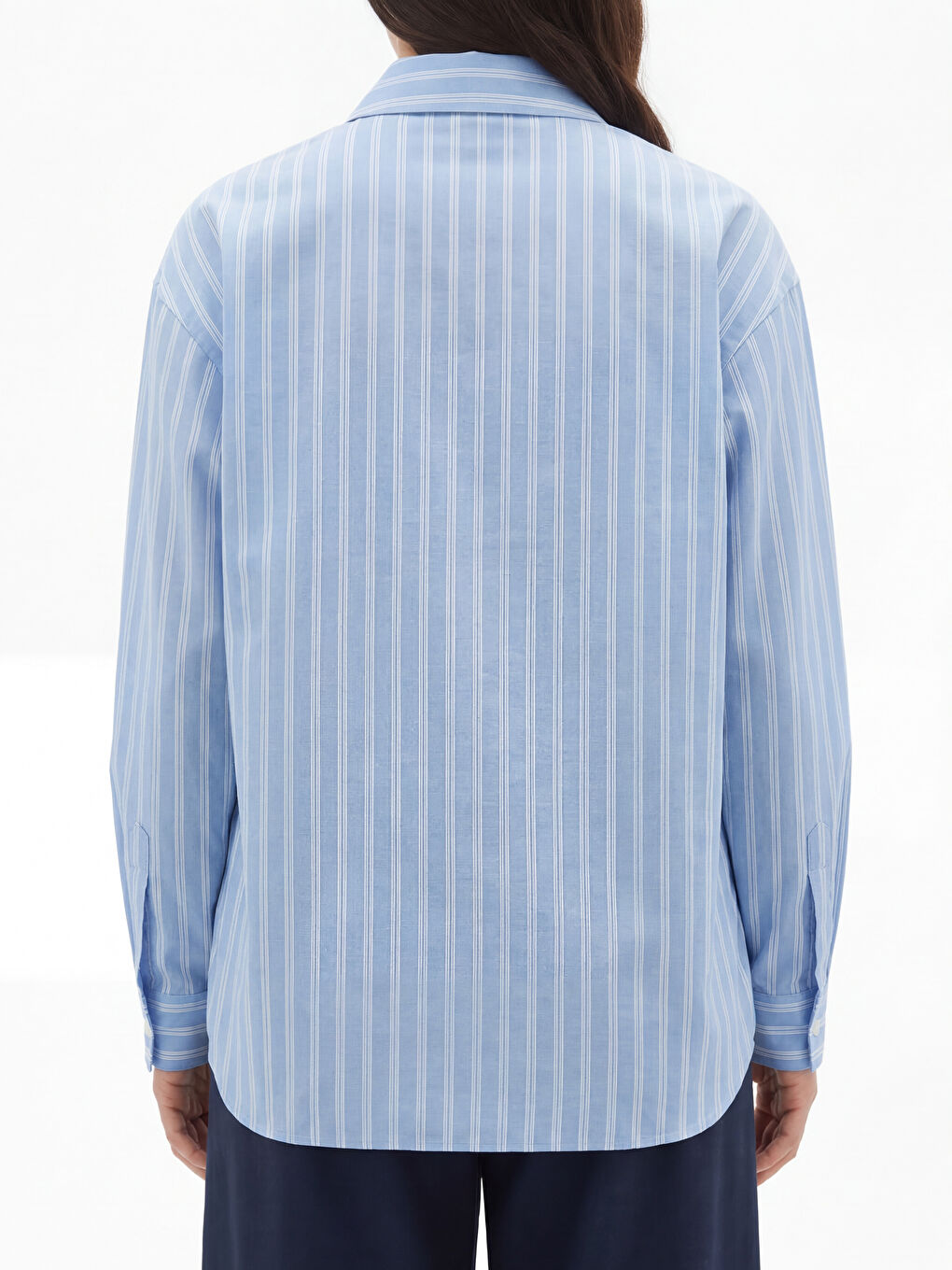 Mavi Kruvaze Yaka Çizgili Poplin Kadın Tunik-2