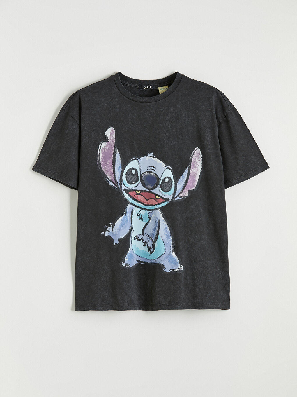 Antrasit Bisiklet Yaka Stitch Baskılı Kadın Tişört