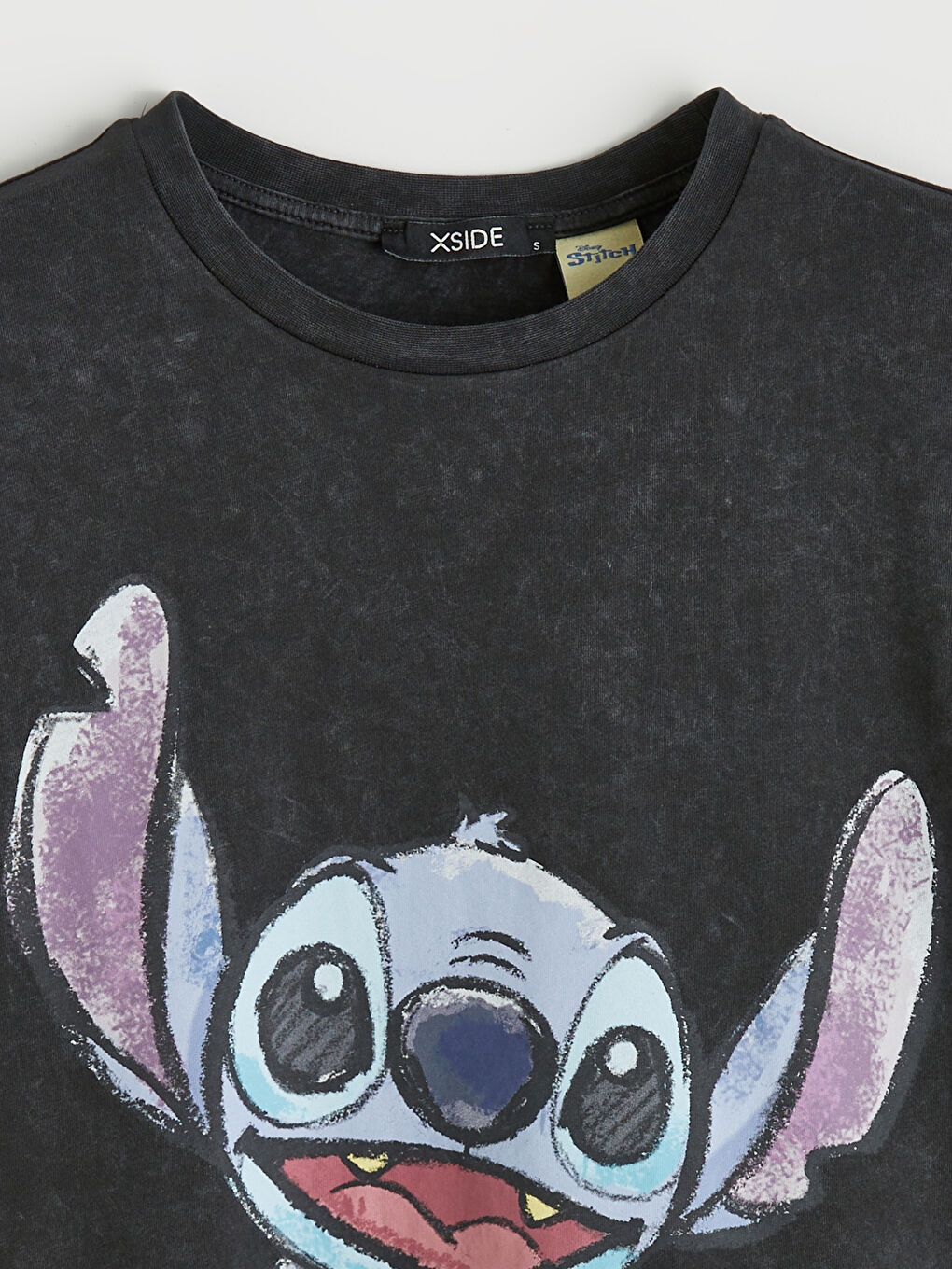 Antrasit Bisiklet Yaka Stitch Baskılı Kadın Tişört-1