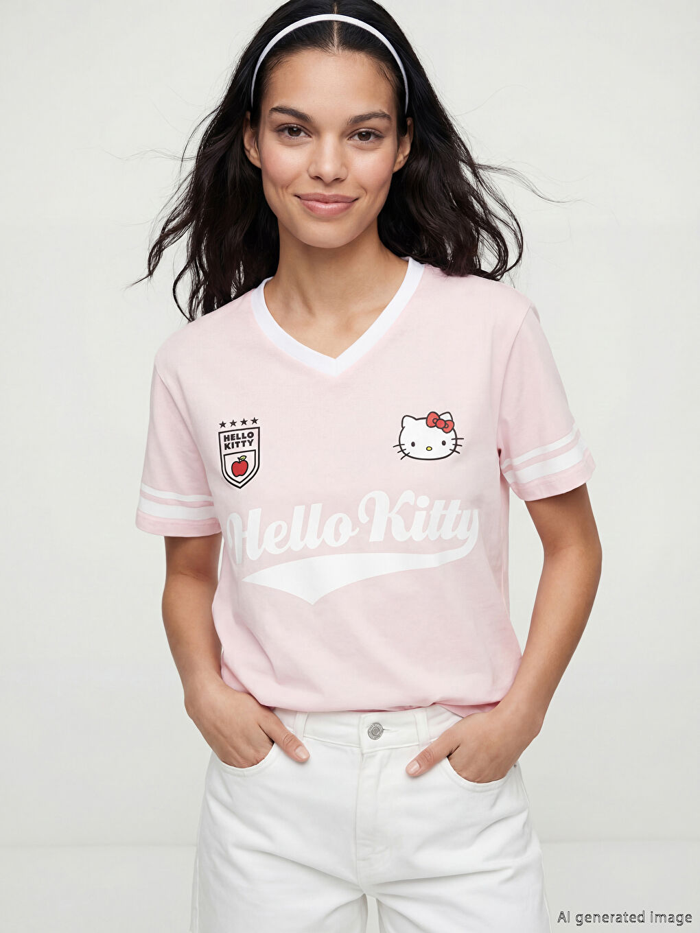 Pembe V Yaka Hello Kitty Baskılı Oversize Kadın Tişört