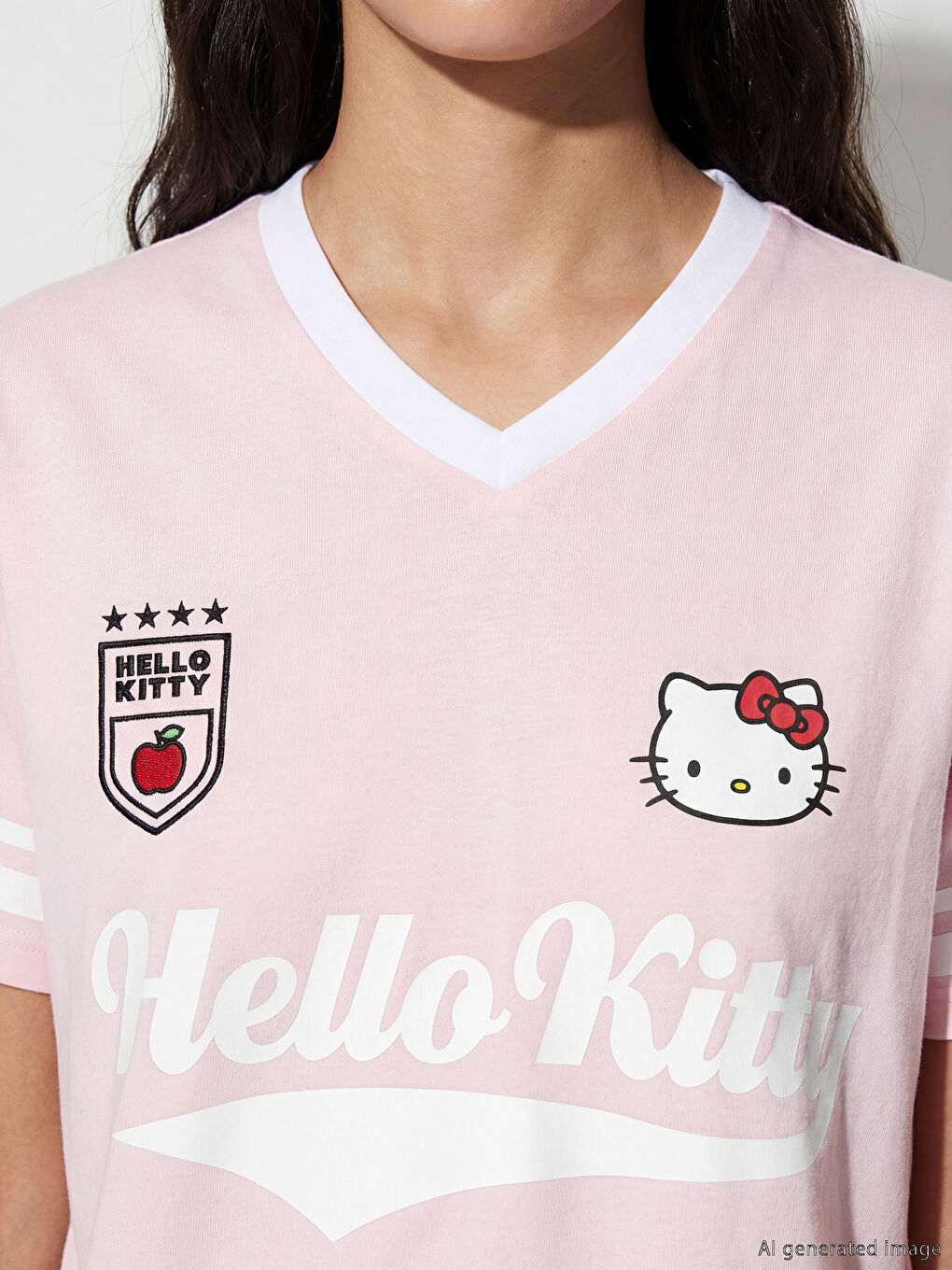 Pembe V Yaka Hello Kitty Baskılı Oversize Kadın Tişört-2