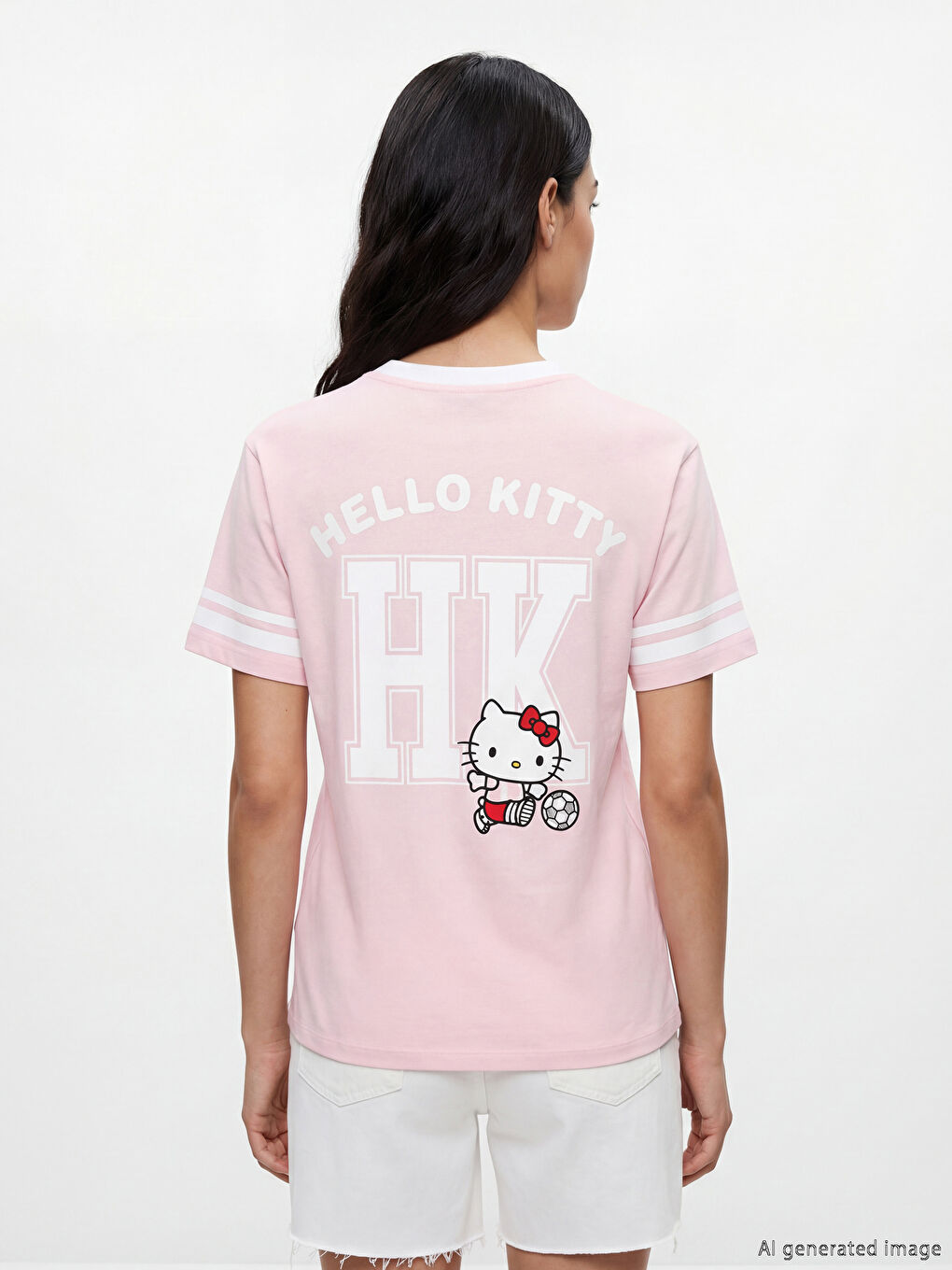 Pembe V Yaka Hello Kitty Baskılı Oversize Kadın Tişört-3