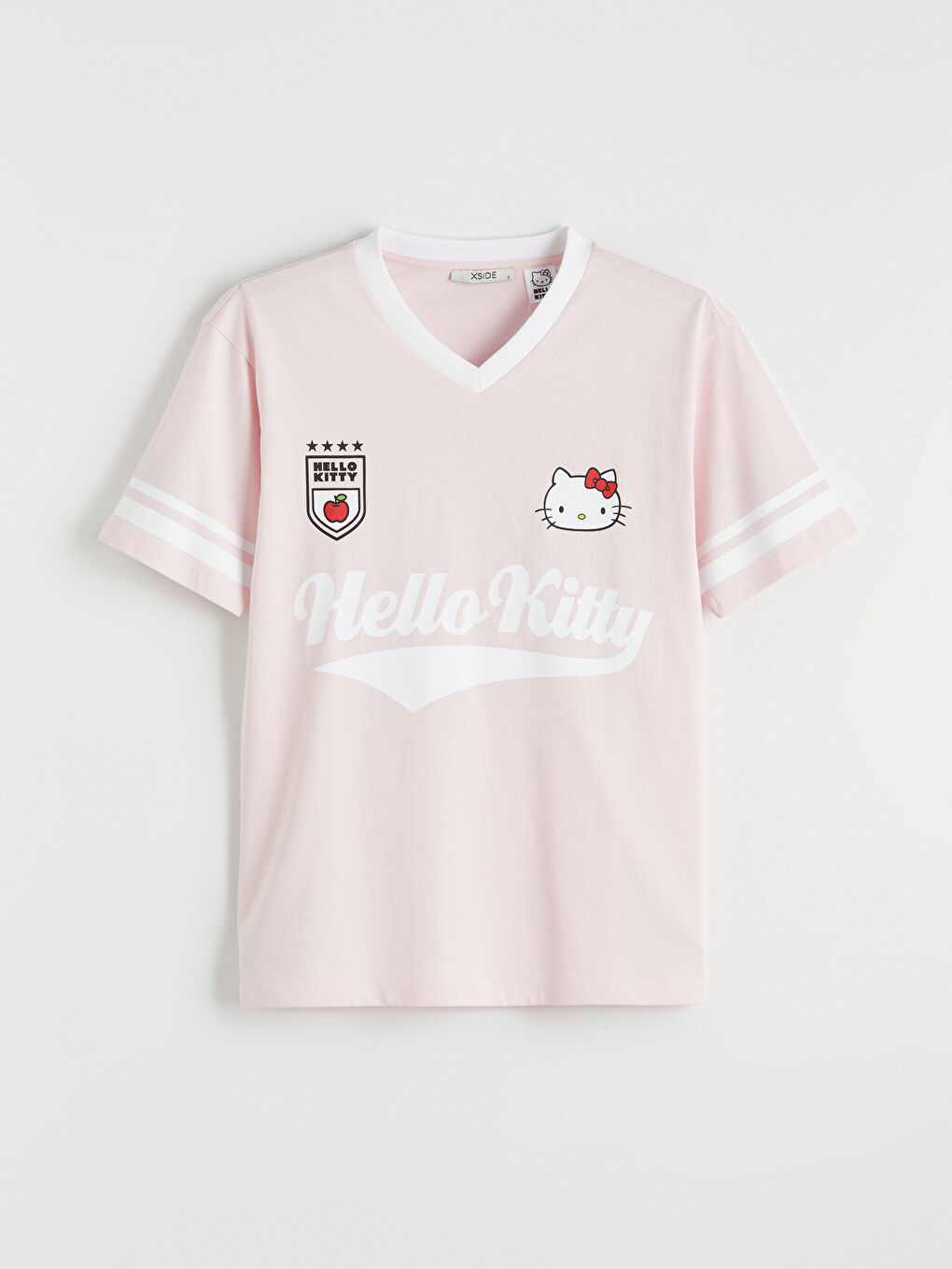 Pembe V Yaka Hello Kitty Baskılı Oversize Kadın Tişört