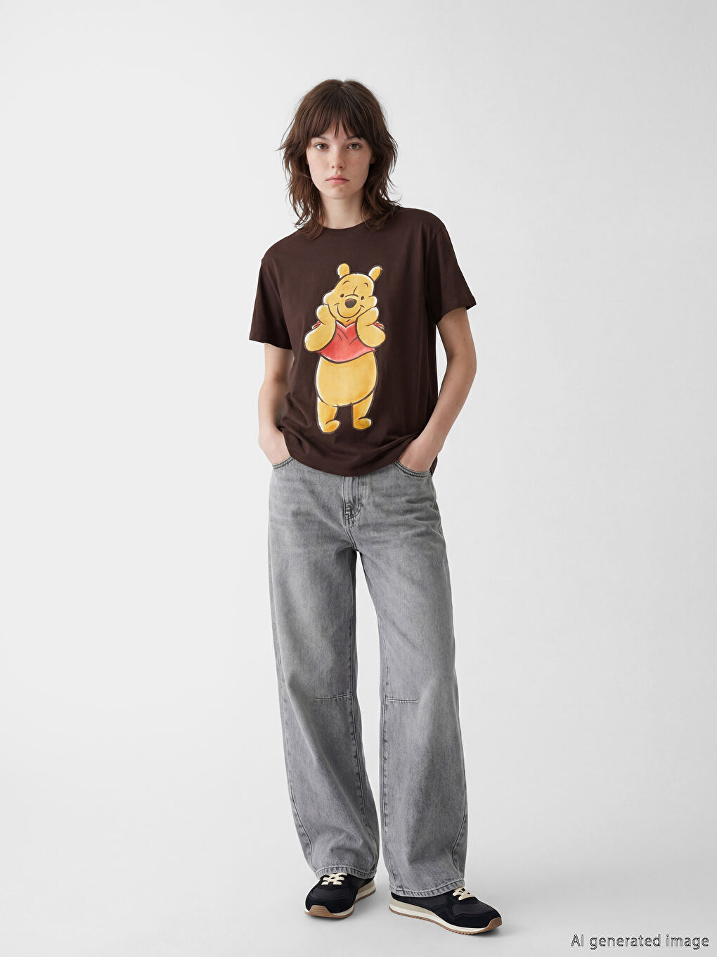 Kahverengi Winnie the Pooh Baskılı Kadın Tişört-1