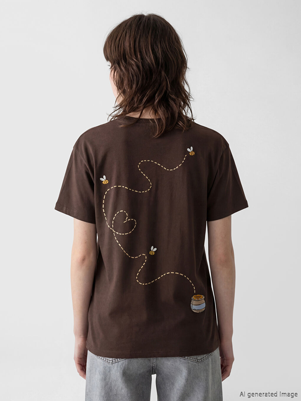 Kahverengi Winnie the Pooh Baskılı Kadın Tişört-2