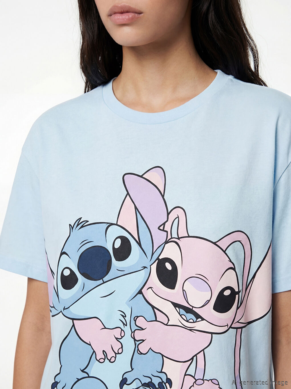 Mavi Bisiklet Yaka Lilo & Stitch Baskılı Kadın Tişört-2