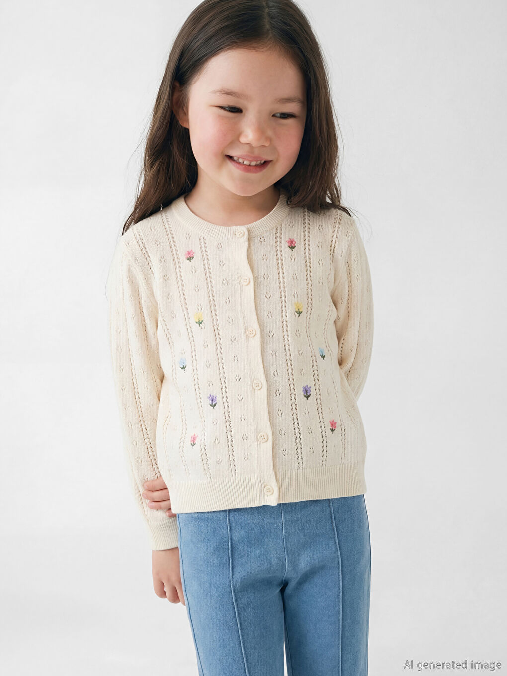 Ekru Bisiklet Yaka Çiçekli Kız Çocuk Triko Hırka