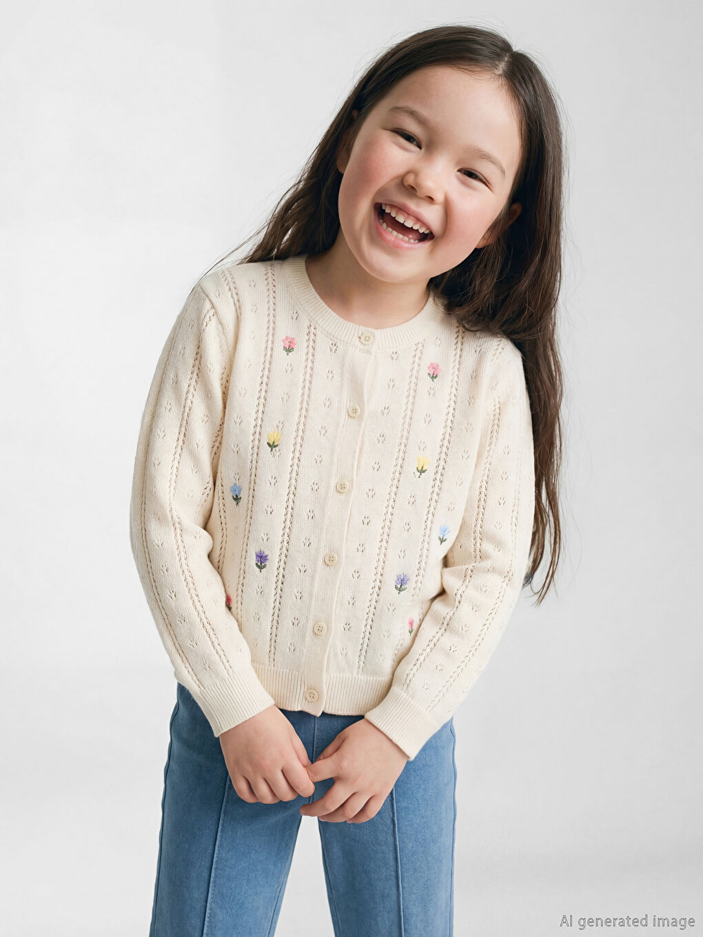 Ekru Bisiklet Yaka Çiçekli Kız Çocuk Triko Hırka-1