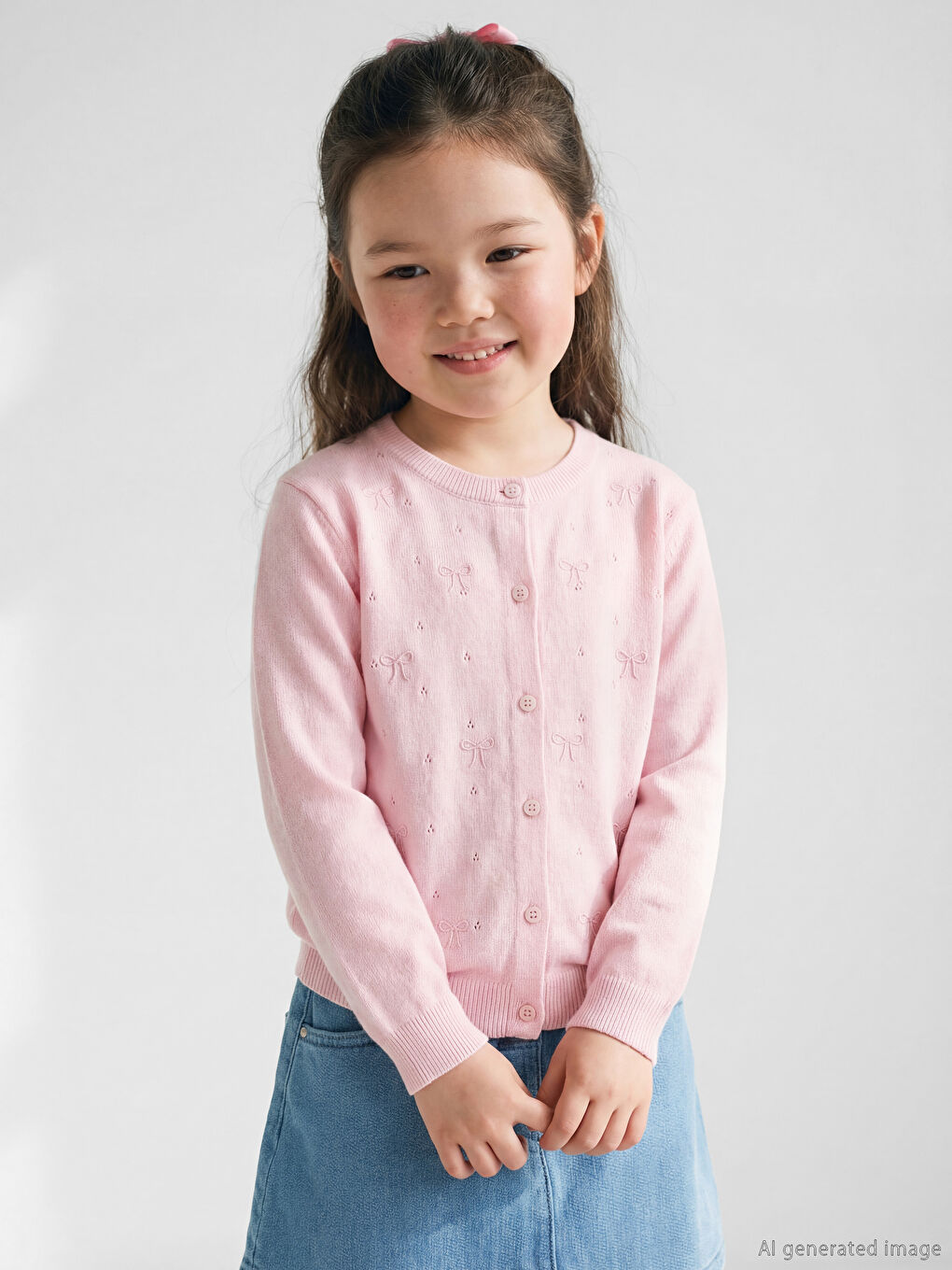 Pembe Bisiklet Yaka Fiyonk Nakışlı Kız Çocuk Triko Hırka