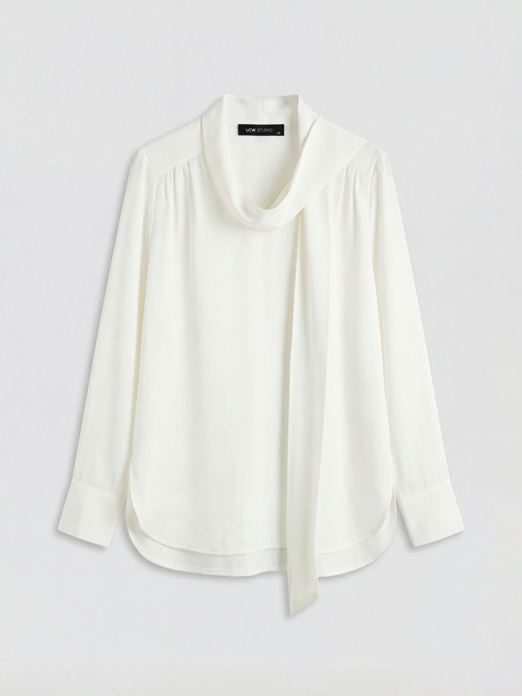 Beyaz Fular Yaka Büzgülü Oversize Bluz-5