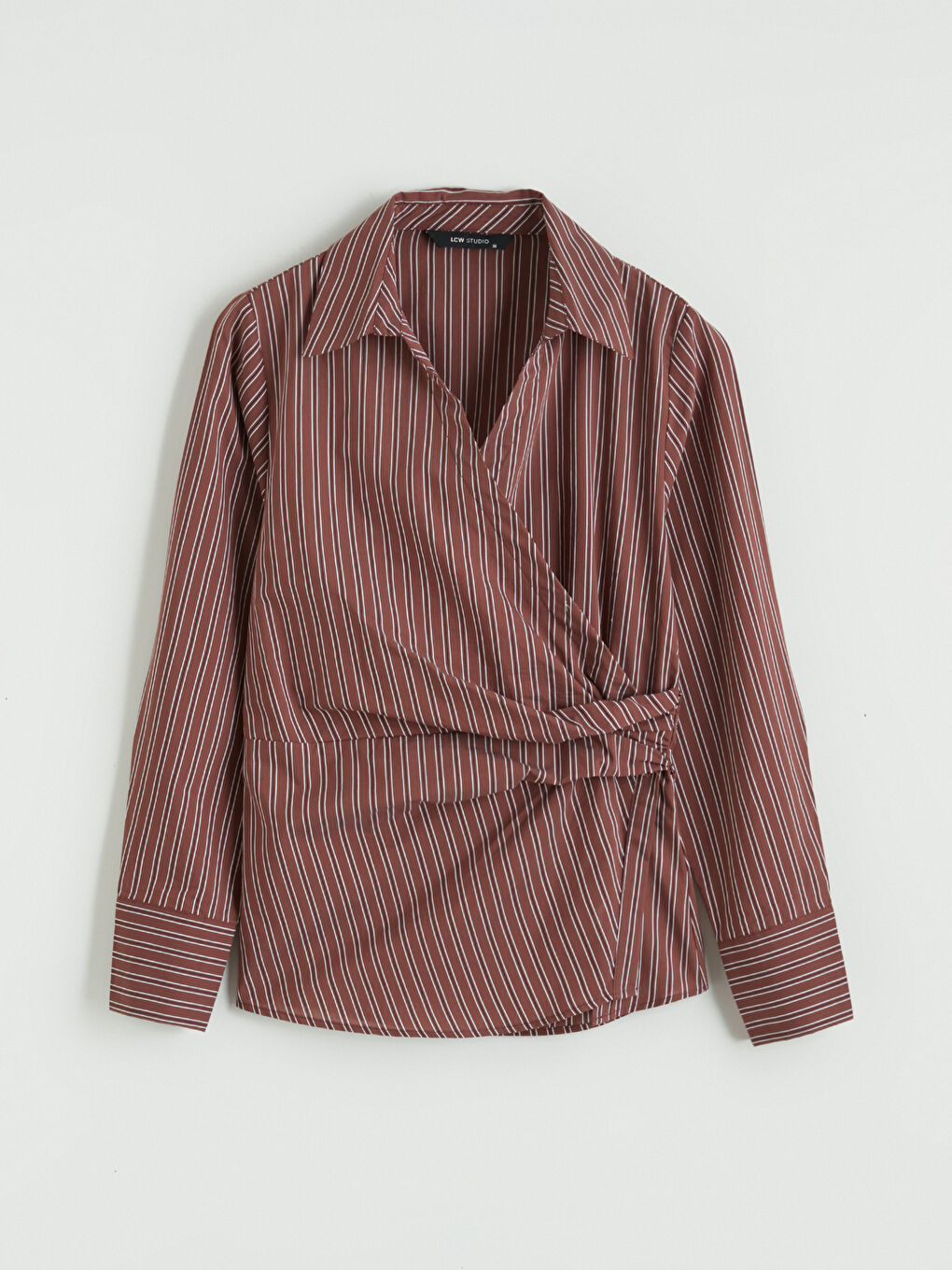 Bordo Kruvaze Yaka Çizgili Büzgülü Bluz