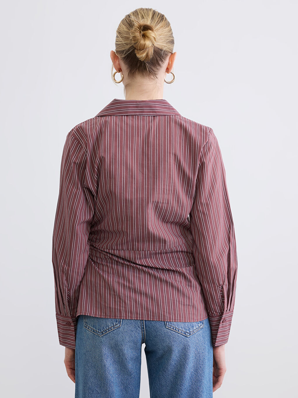 Bordo Kruvaze Yaka Çizgili Büzgülü Bluz-3