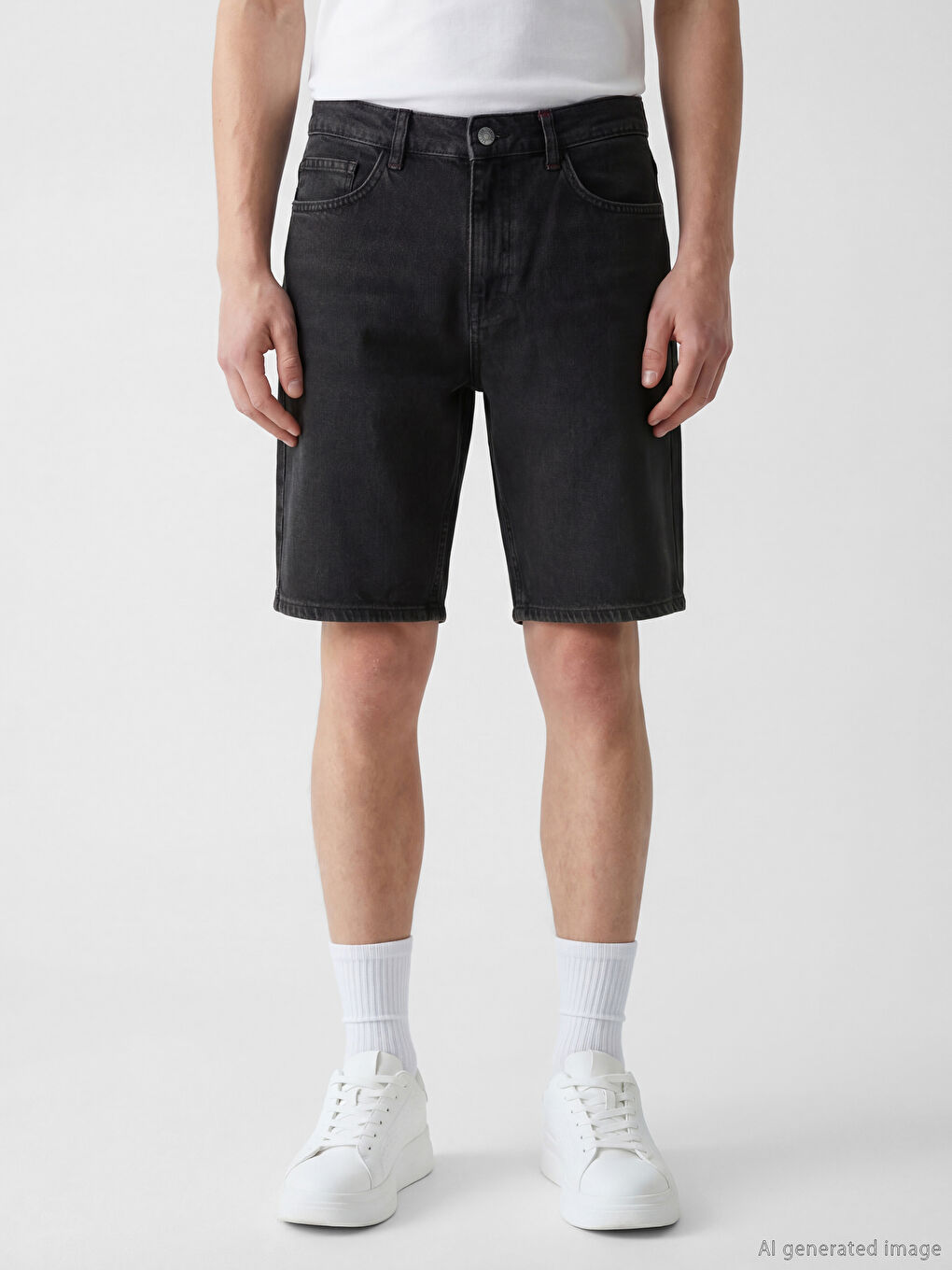 Siyah Standart Kalıp Erkek Jean Şort-1