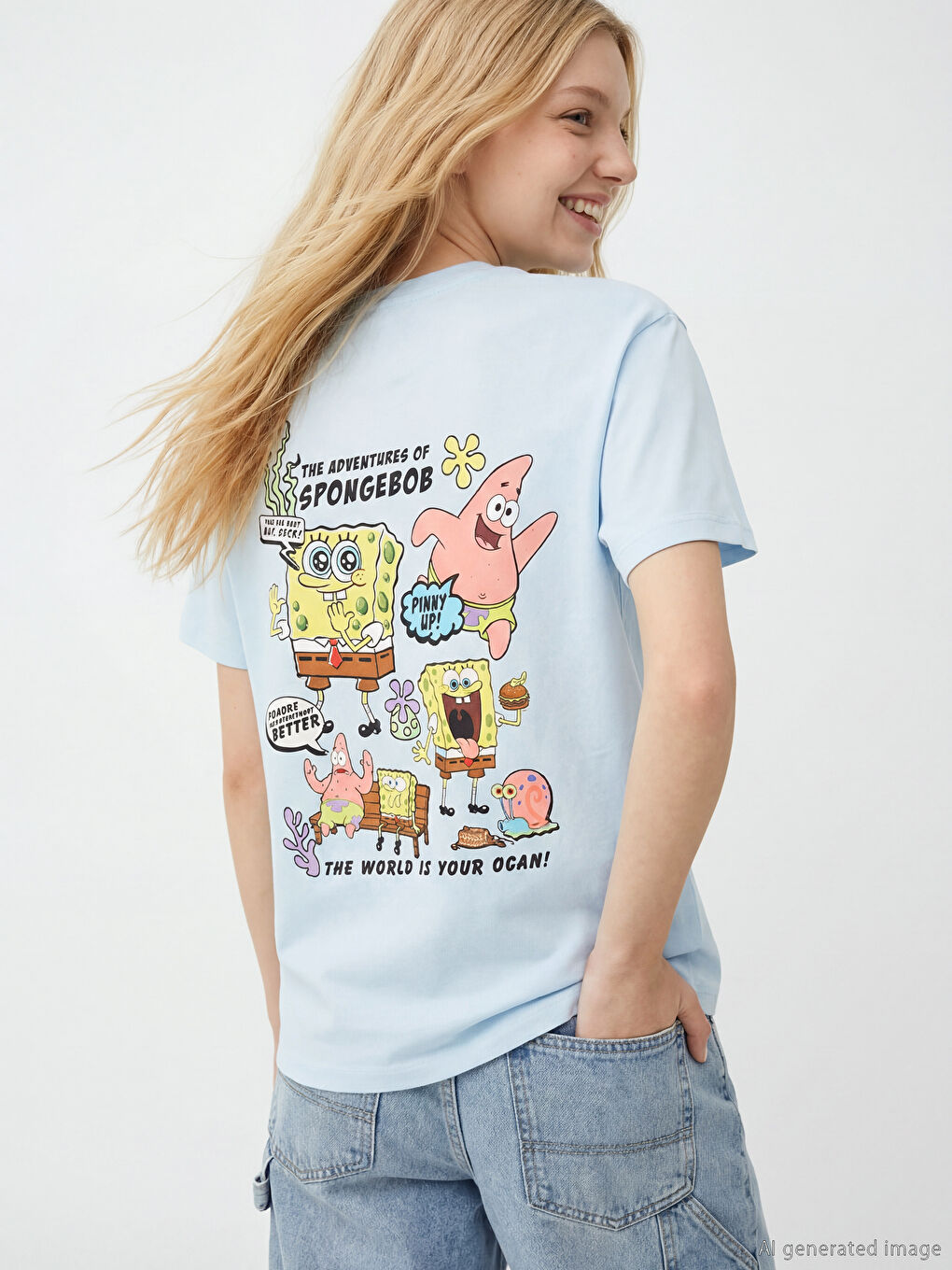 Mavi Bisiklet Yaka Sünger Bob Baskılı Kadın Tişört