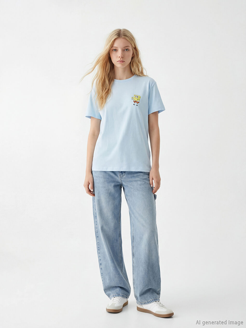 Mavi Bisiklet Yaka Sünger Bob Baskılı Kadın Tişört-1