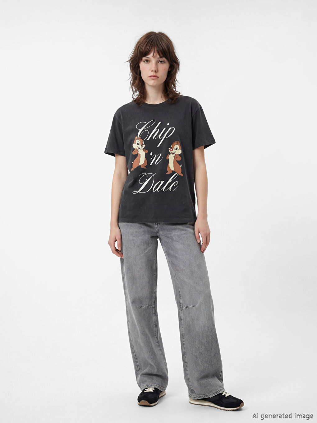 Antrasit Bisiklet Yaka Chip 'n Dale Baskılı Kadın Tişört-1