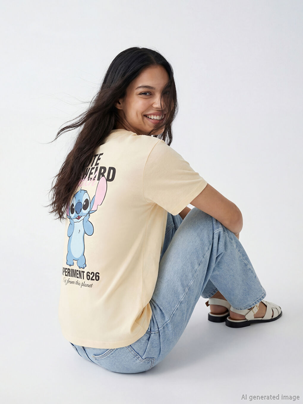 Sarı Bisiklet Yaka Stitch Baskılı Kadın Tişört