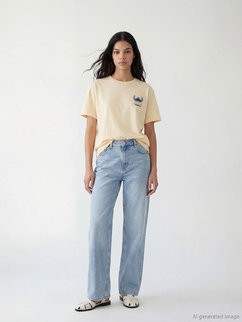 Sarı Bisiklet Yaka Stitch Baskılı Kadın Tişört-1