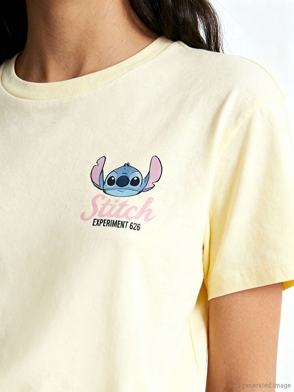 Sarı Bisiklet Yaka Stitch Baskılı Kadın Tişört-2