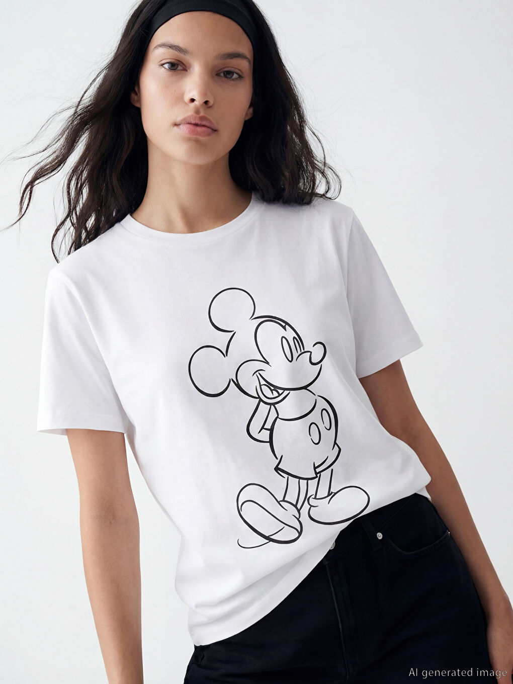 Beyaz Bisiklet Yaka Mickey Mouse Baskılı Kadın Tişört