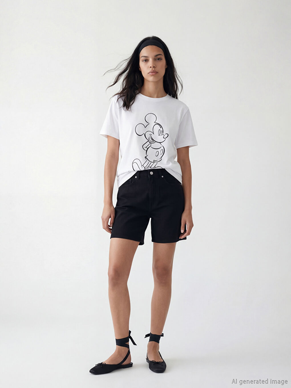 Beyaz Bisiklet Yaka Mickey Mouse Baskılı Kadın Tişört-1