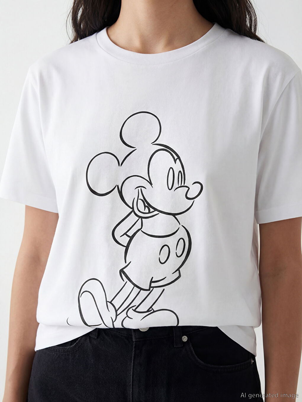 Beyaz Bisiklet Yaka Mickey Mouse Baskılı Kadın Tişört-2