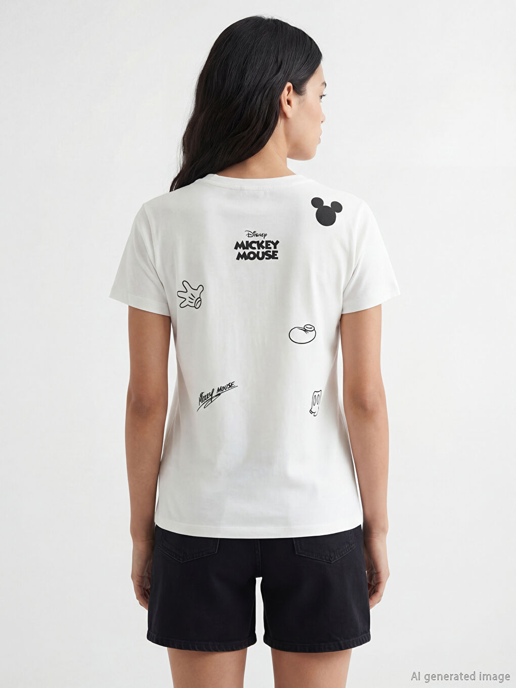 Beyaz Bisiklet Yaka Mickey Mouse Baskılı Kadın Tişört-3