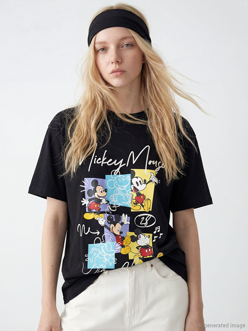 Siyah Bisiklet Yaka Mickey Mouse Baskılı Kadın Tişört