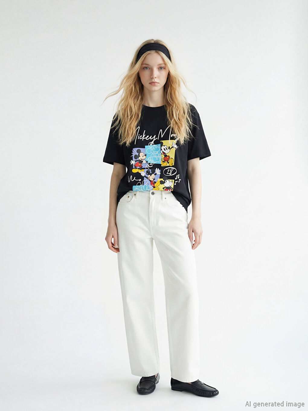 Siyah Bisiklet Yaka Mickey Mouse Baskılı Kadın Tişört-1