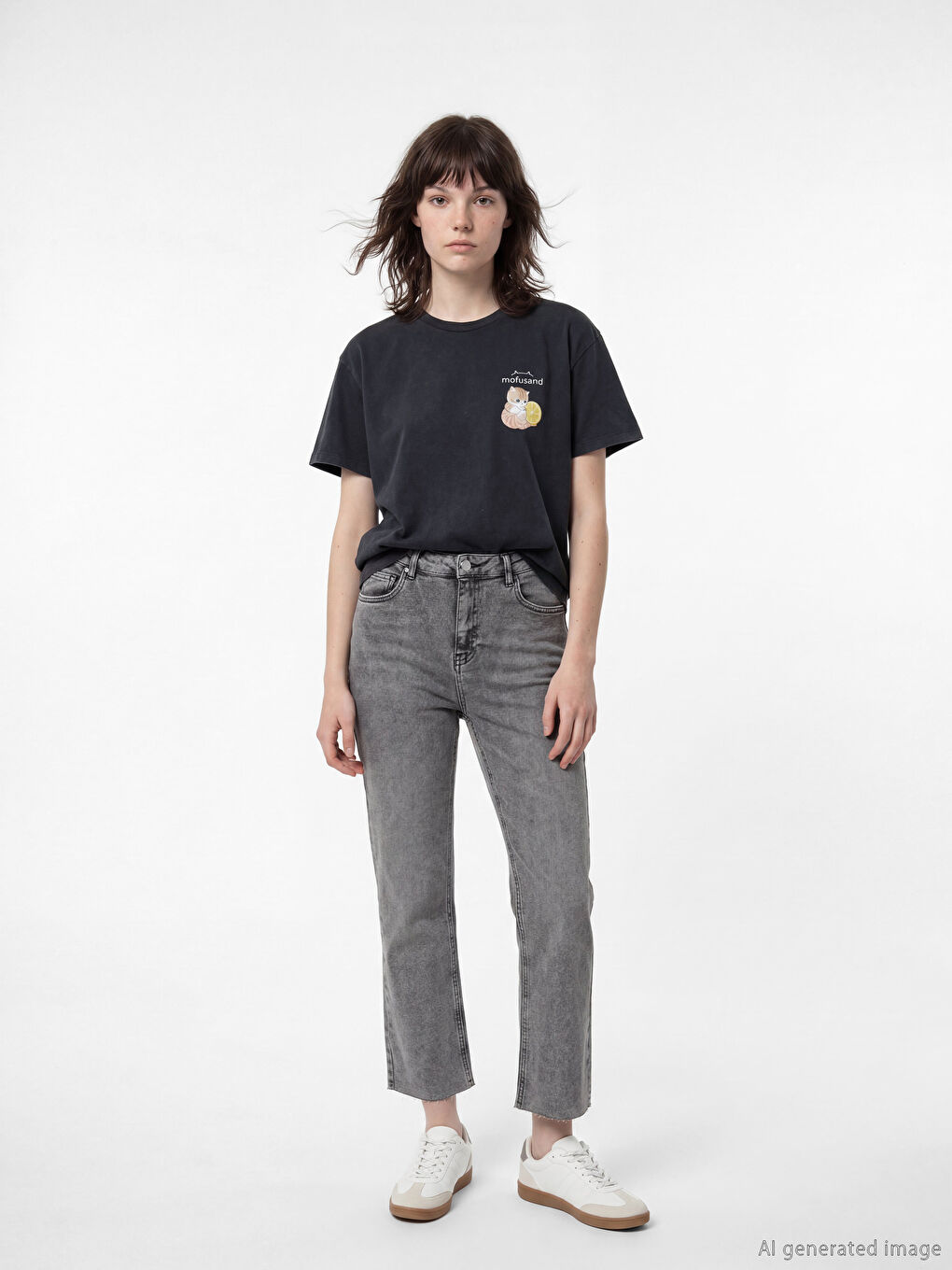 Antrasit Bisiklet Yaka Baskılı Kadın Tişört-1