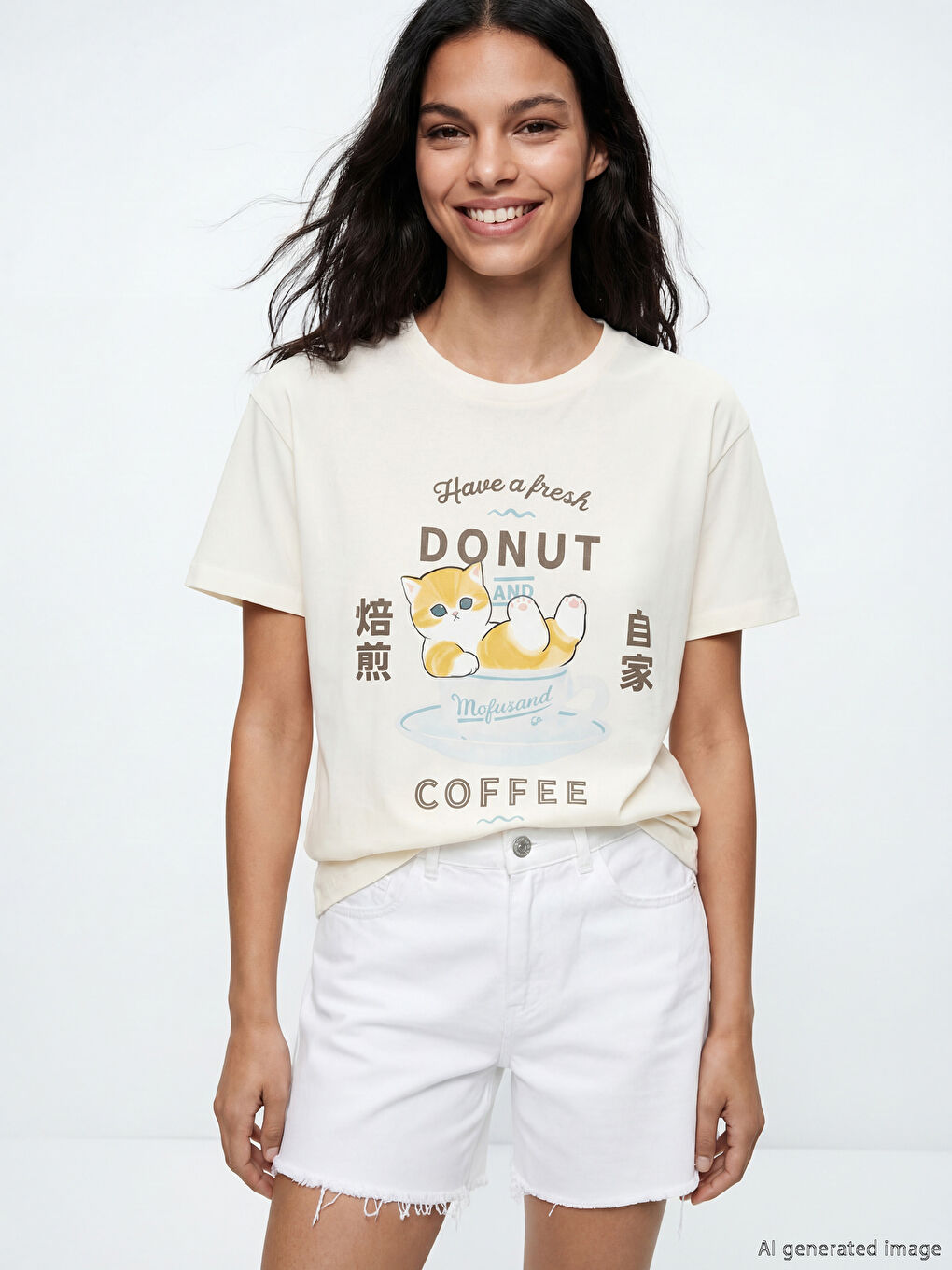 تي شيرت نسائي مطبوع Mofusand بياقة دائرية