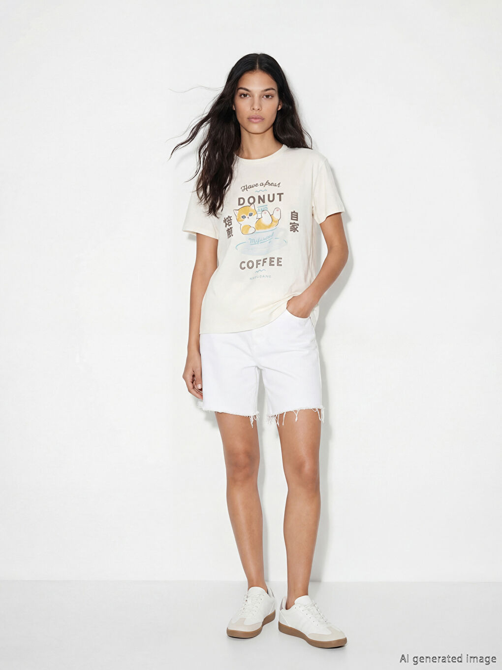 تي شيرت نسائي مطبوع Mofusand بياقة دائرية-1