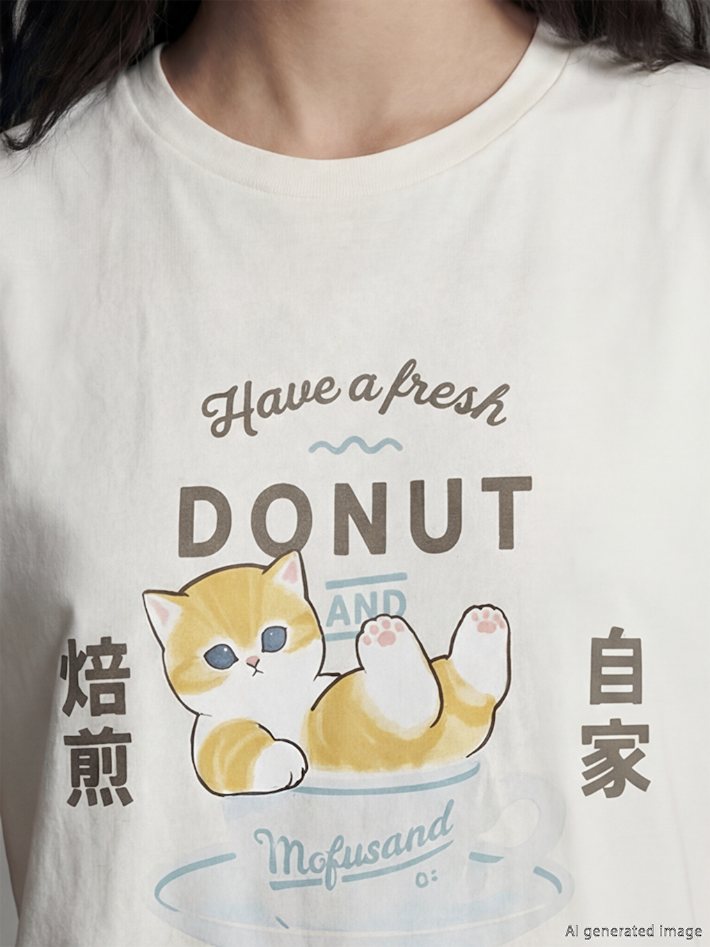 تي شيرت نسائي مطبوع Mofusand بياقة دائرية-2