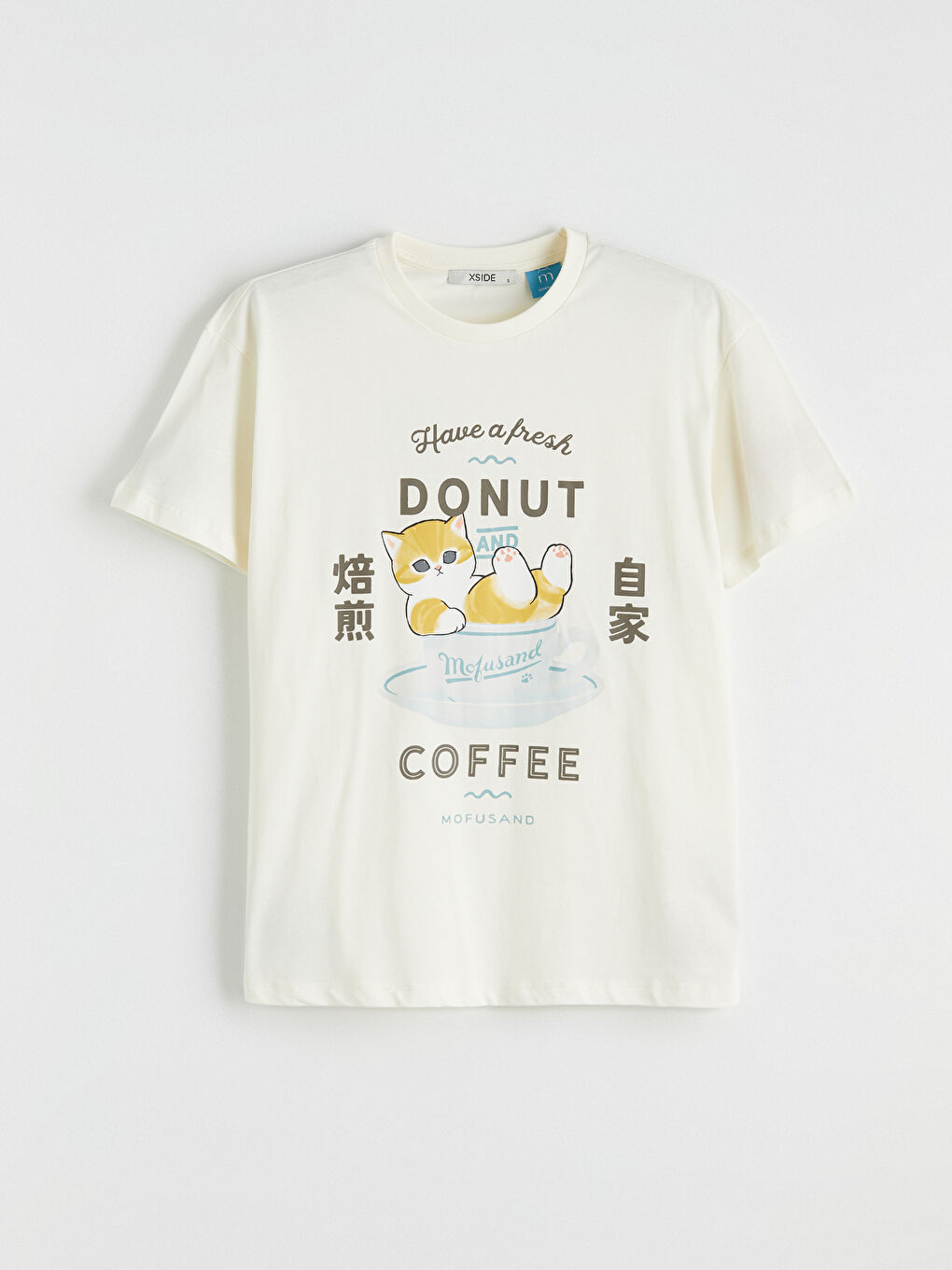 Bej Bisiklet Yaka Mofusand Baskılı Kadın Tişört