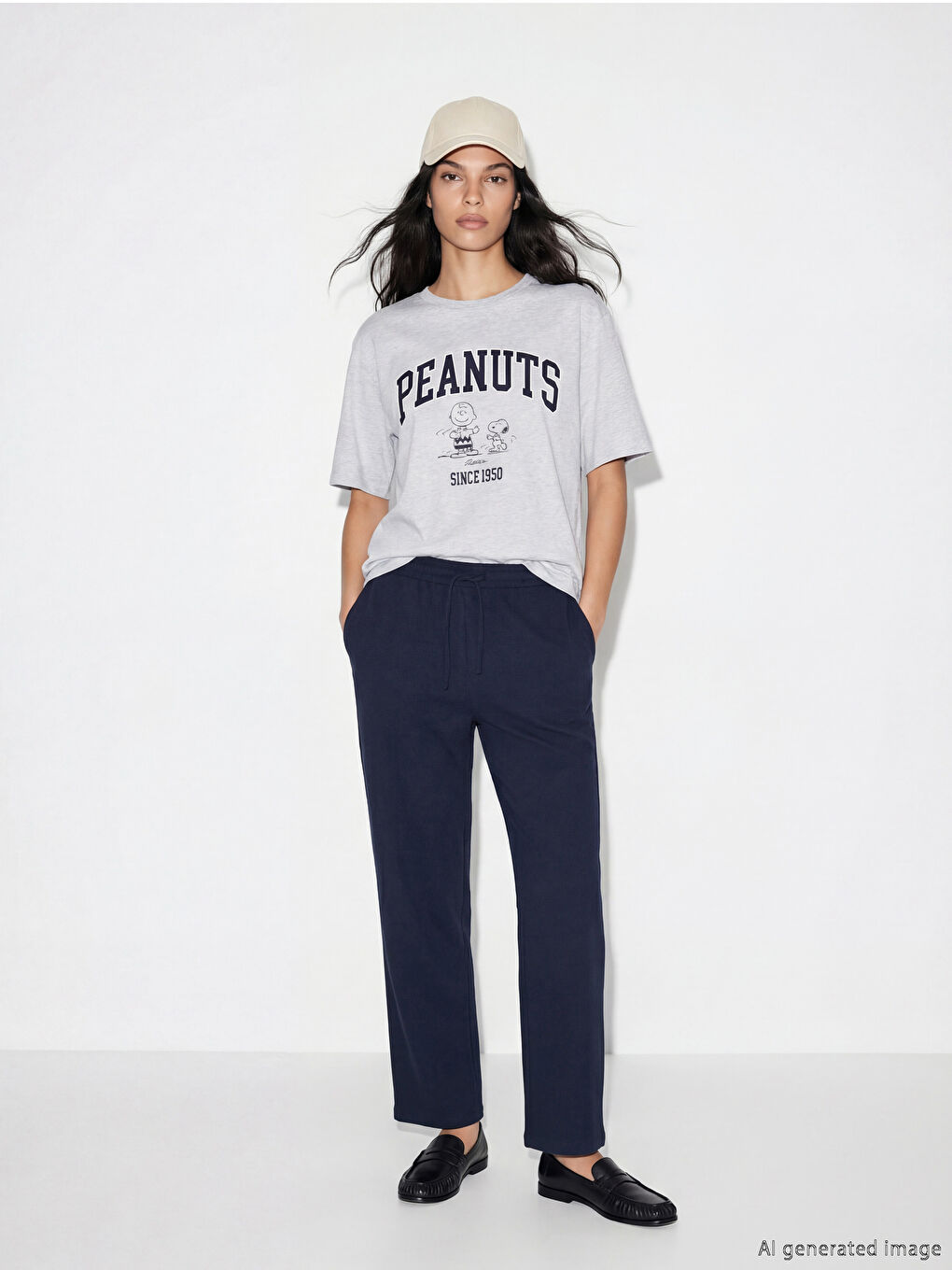 Gri Snoopy Baskılı Oversize Kadın Tişört-1