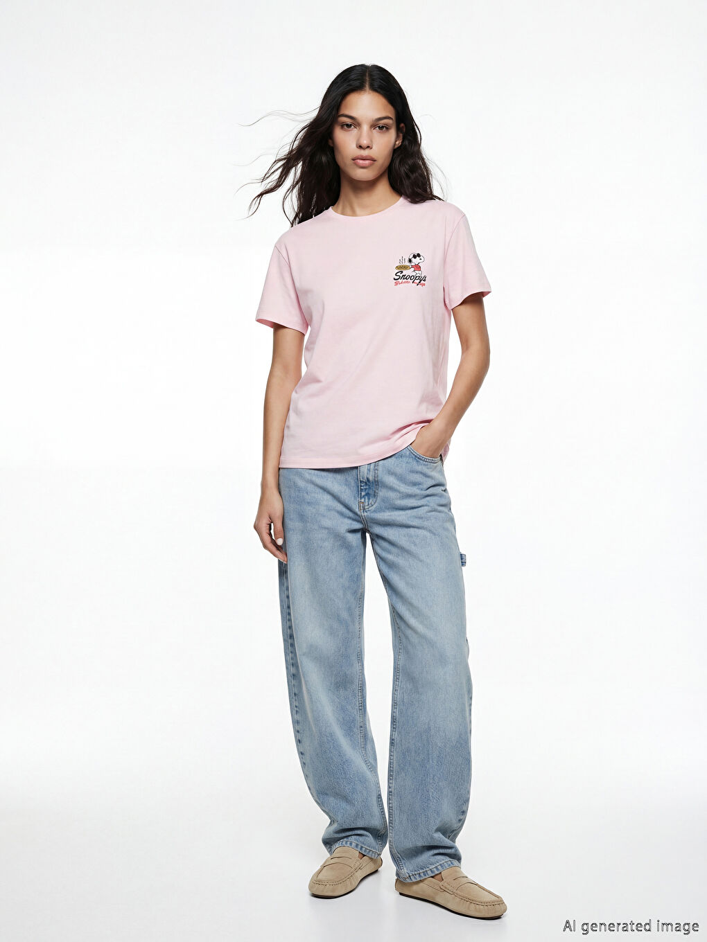 Pembe Bisiklet Yaka Snoopy Baskılı Kadın Tişört-1