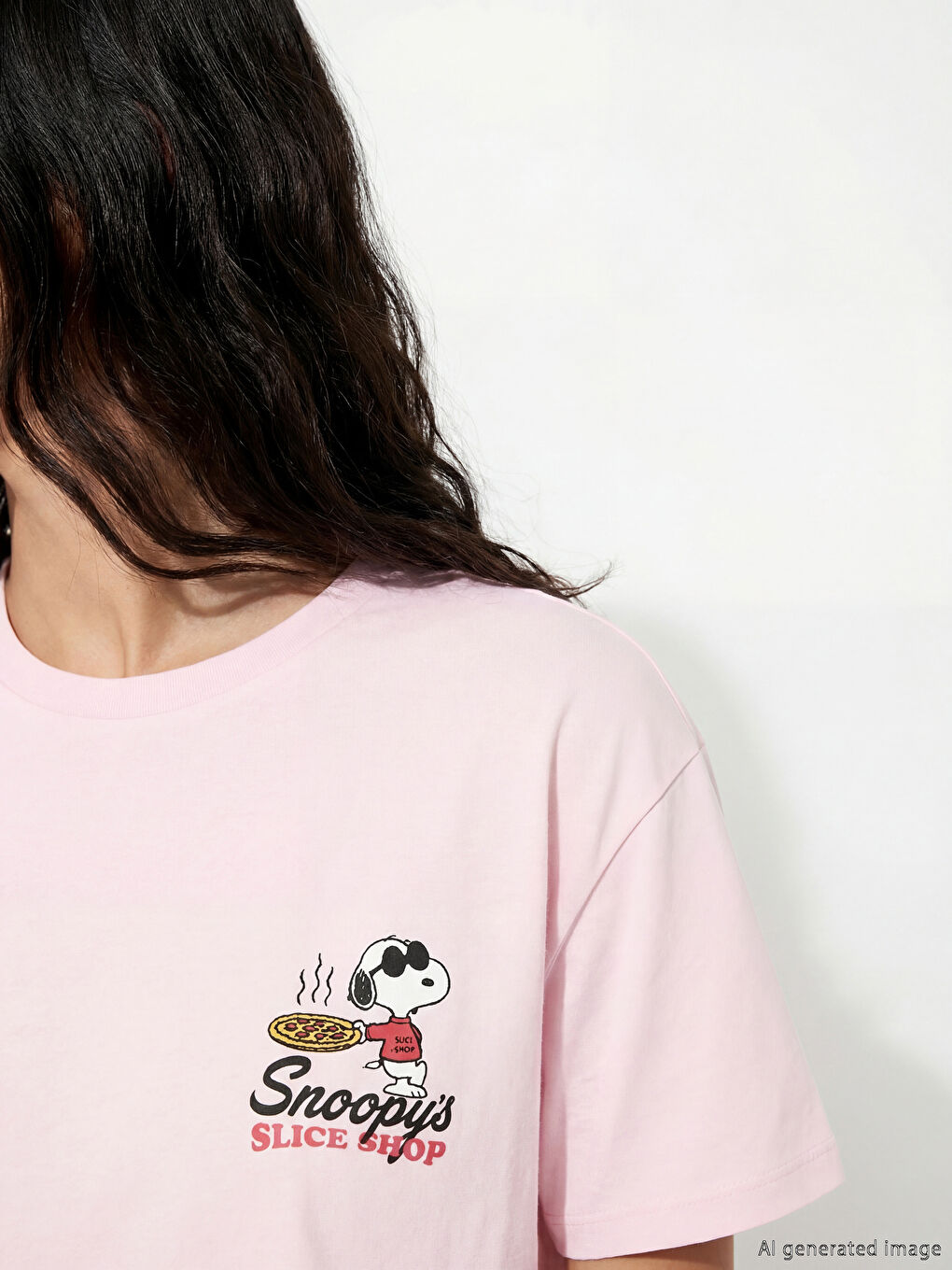 Pembe Bisiklet Yaka Snoopy Baskılı Kadın Tişört-2
