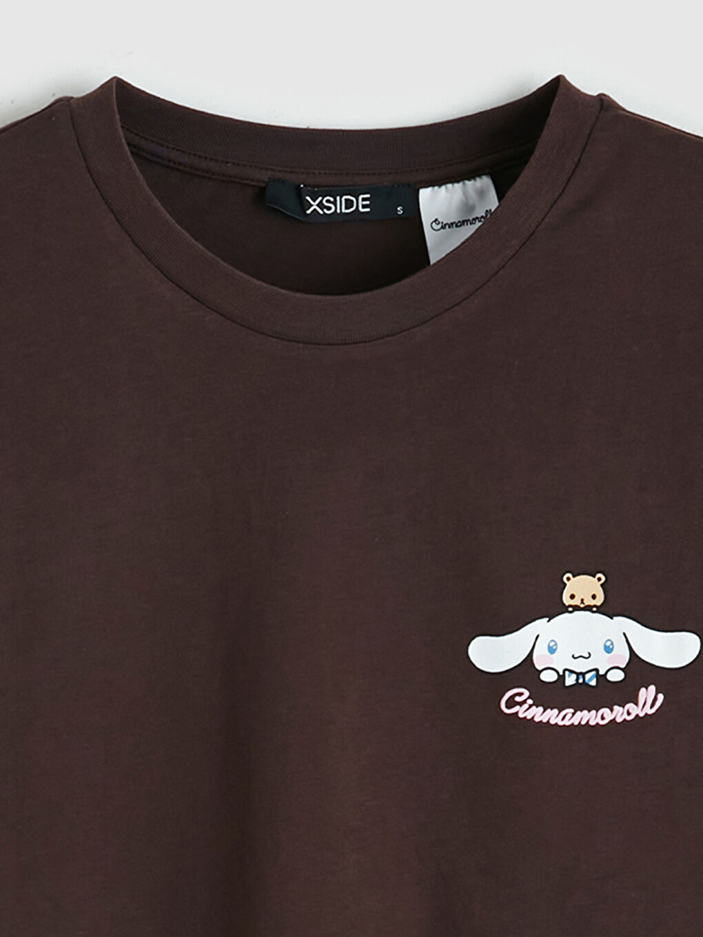 Kahverengi Bisiklet Yaka Cinnamoroll Baskılı Kadın Tişört-2