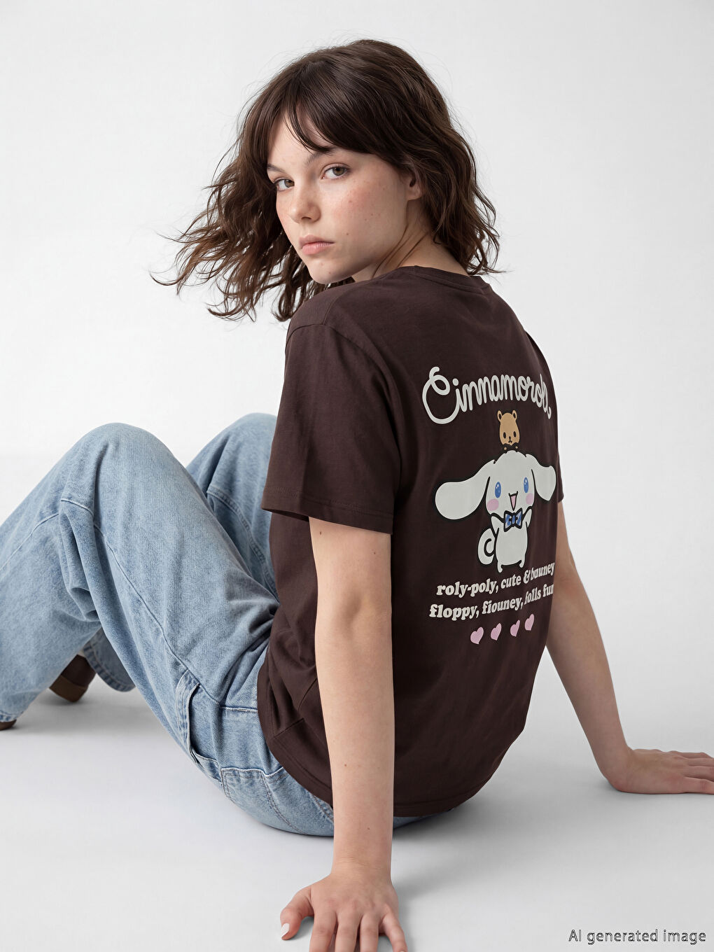 Kahverengi Bisiklet Yaka Cinnamoroll Baskılı Kadın Tişört