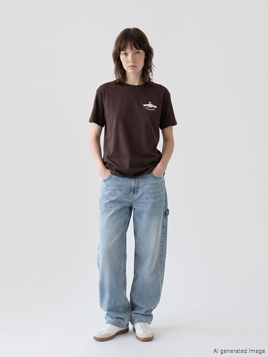 Kahverengi Bisiklet Yaka Cinnamoroll Baskılı Kadın Tişört-1