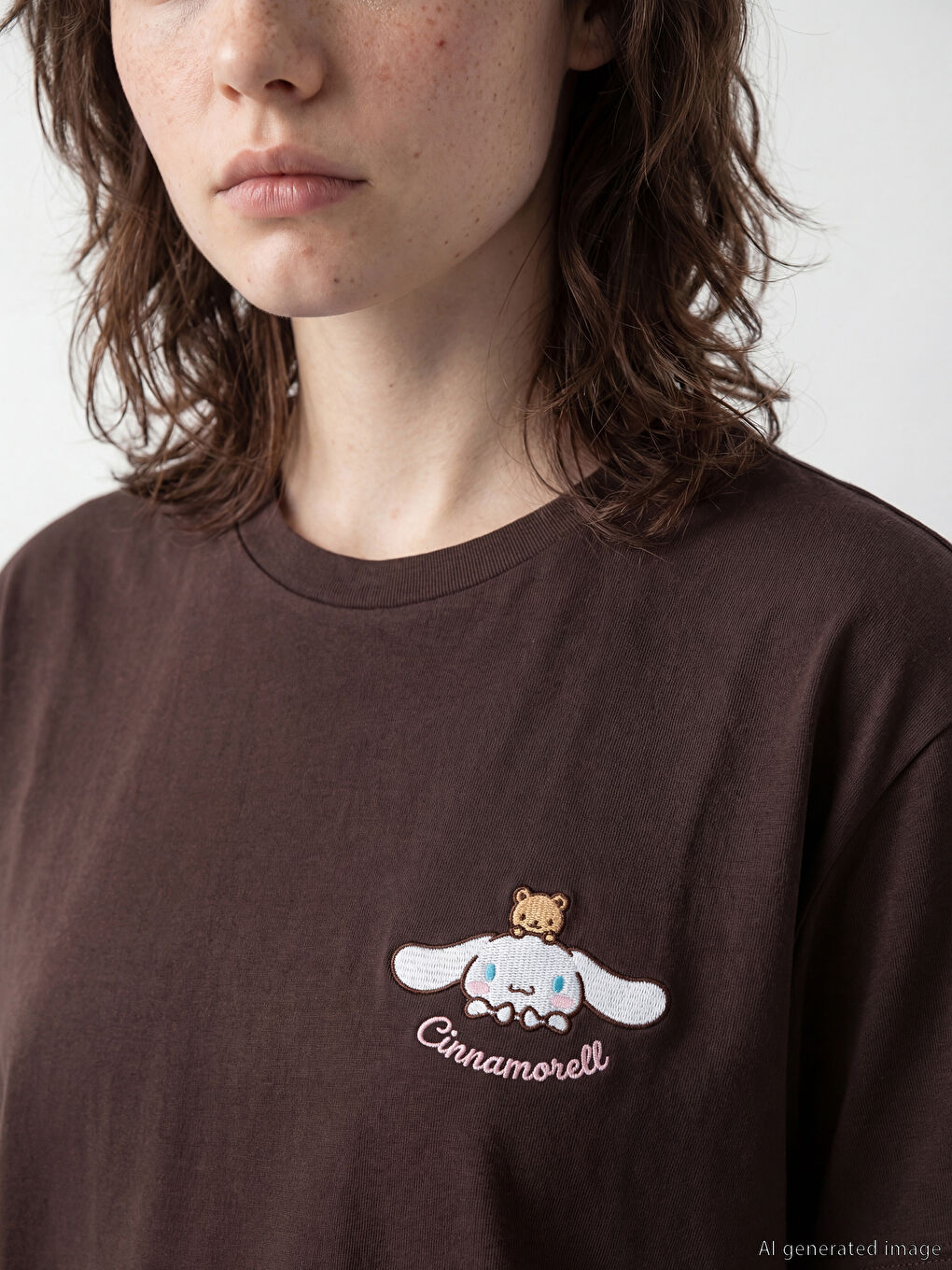 Kahverengi Bisiklet Yaka Cinnamoroll Baskılı Kadın Tişört-2