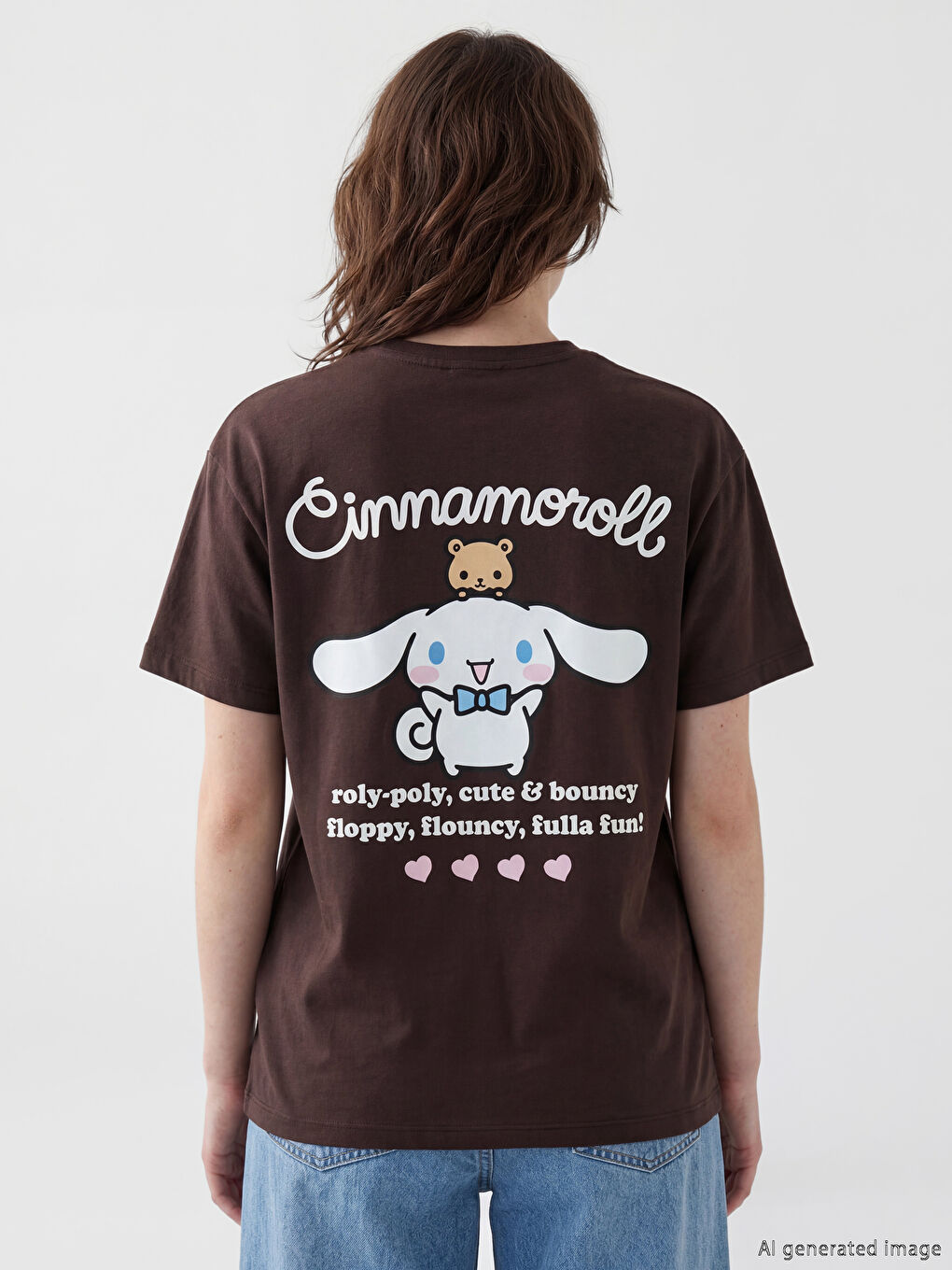 Kahverengi Bisiklet Yaka Cinnamoroll Baskılı Kadın Tişört-3