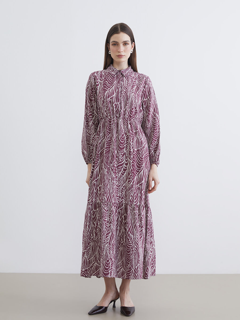 Bordo Gömlek Yaka Desenli Belden Oturtmalı Elbise