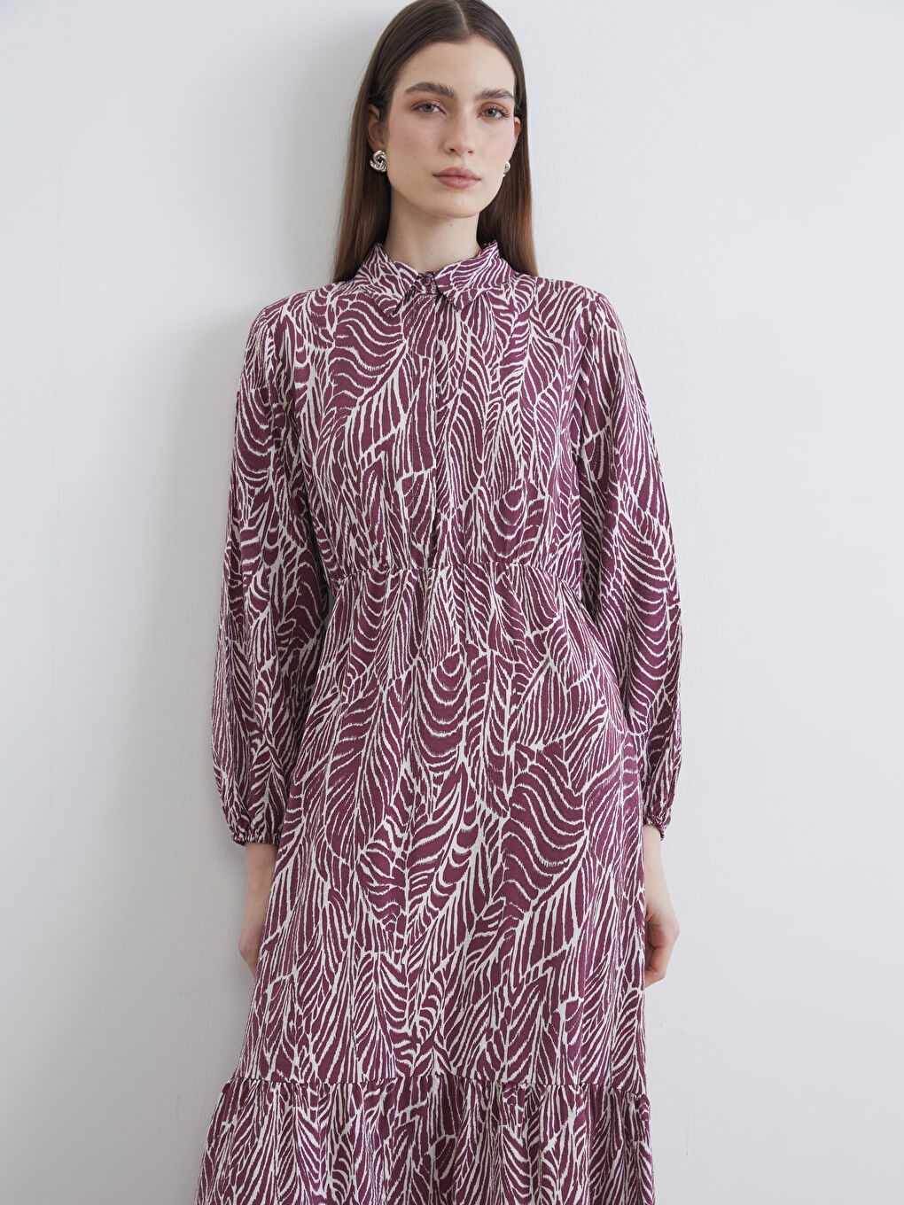 Bordo Gömlek Yaka Desenli Belden Oturtmalı Elbise-1