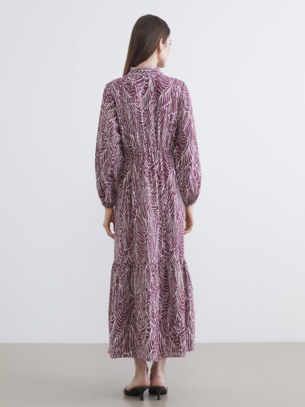 Bordo Gömlek Yaka Desenli Belden Oturtmalı Elbise-3