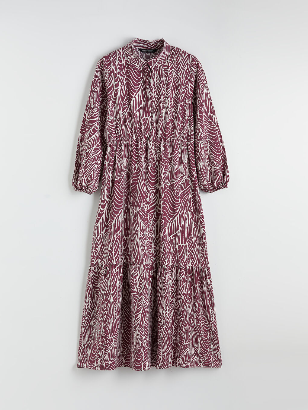 Bordo Gömlek Yaka Desenli Belden Oturtmalı Elbise-4