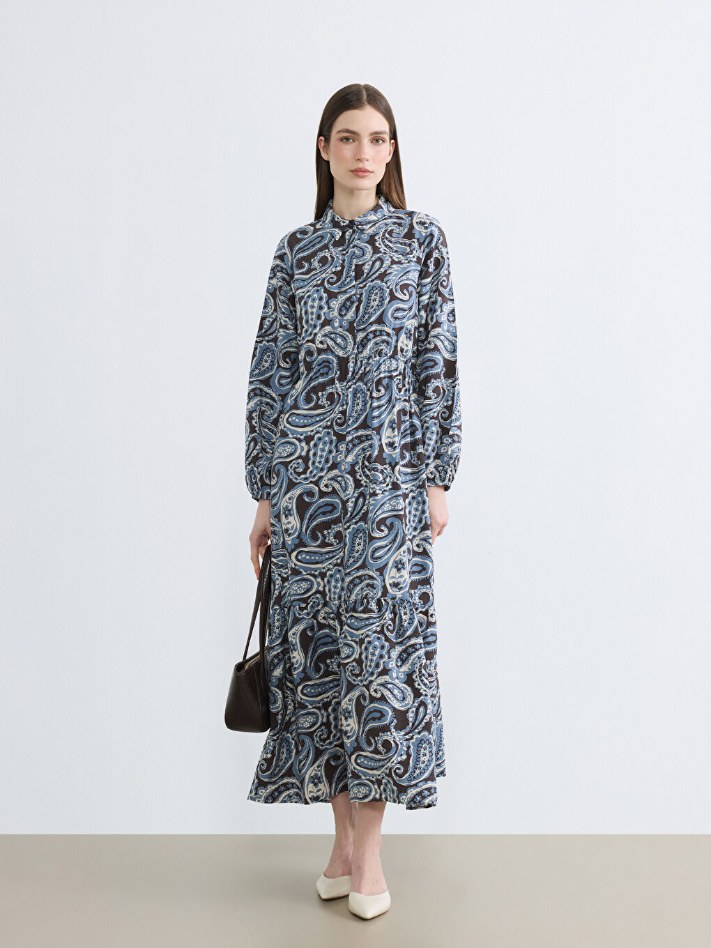 Karışık Gömlek Yaka Desenli Belden Oturtmalı Elbise-1