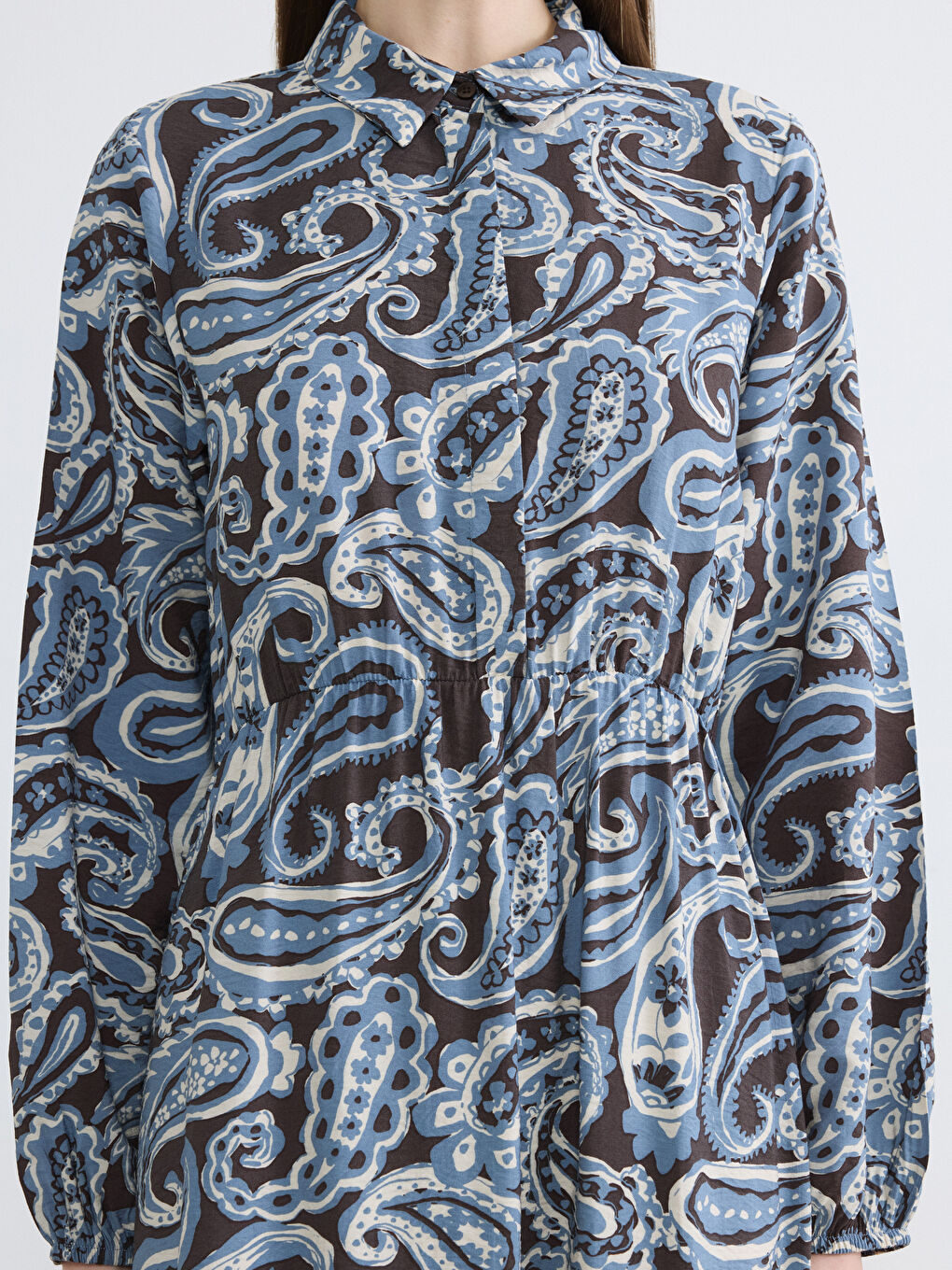 Karışık Gömlek Yaka Desenli Belden Oturtmalı Elbise-2